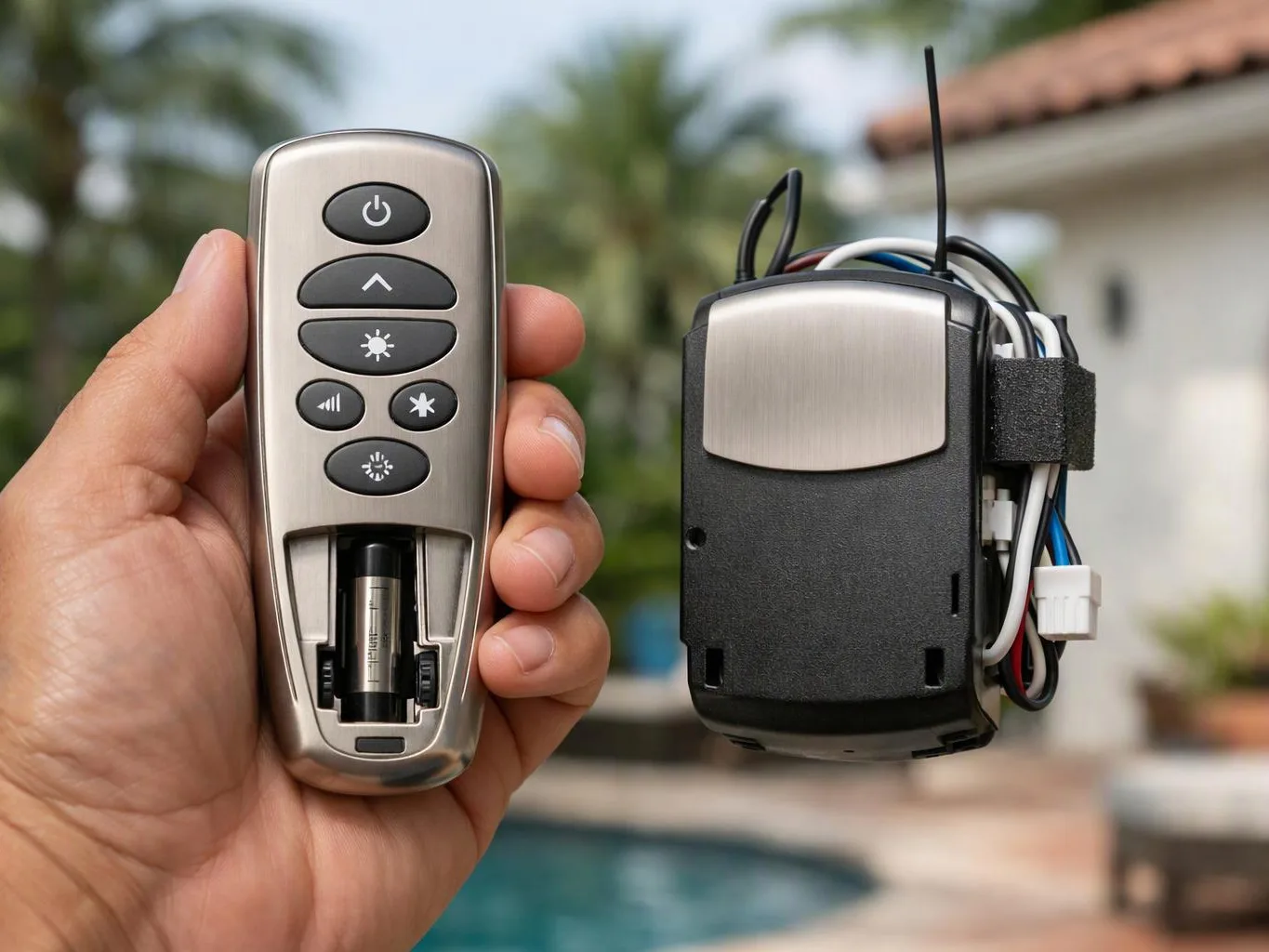 A hand holds a remote control beside a wired electronic receiver outdoors near a pool