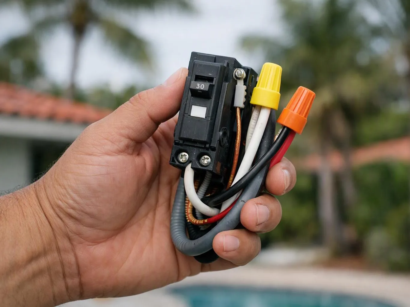 A hand holds a small black circuit breaker with colored wires and wire nuts outdoors