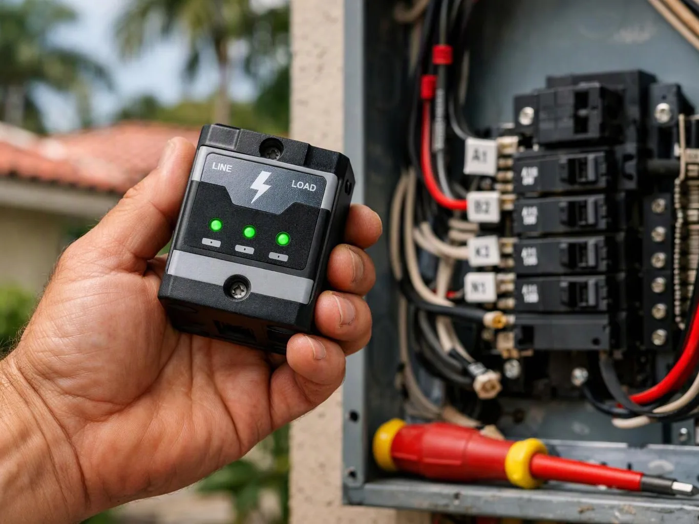 A hand holds a small electrical tester beside an open breaker panel with wiring and a screwdriver