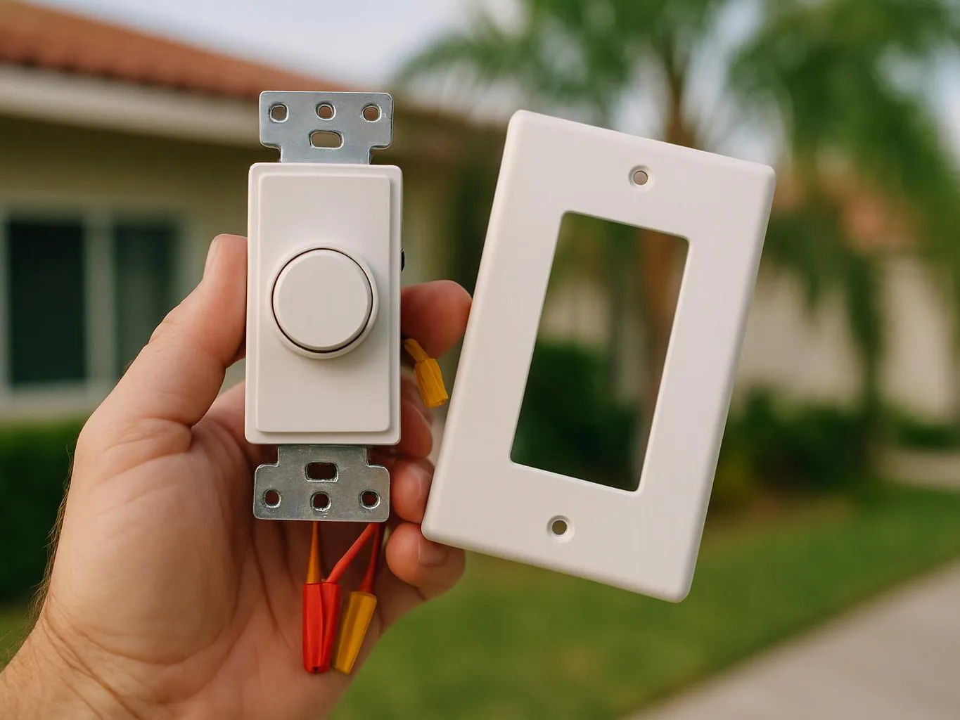 A hand holds a white dimmer switch and matching wall plate in front of a blurred house exterior