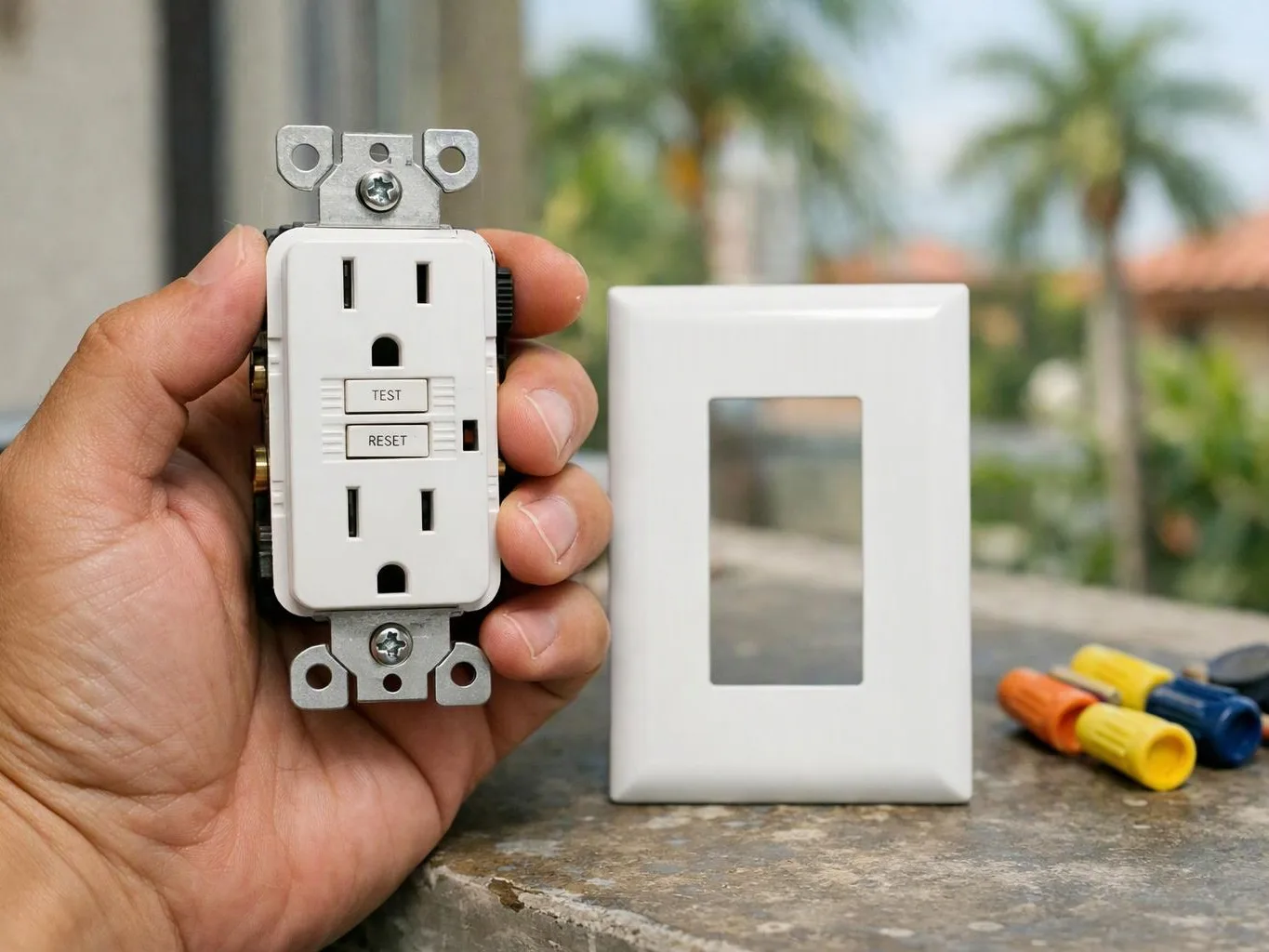 A hand holds a white electrical outlet switch with TEST and RESET buttons beside a wall plate and wire connectors outdoors