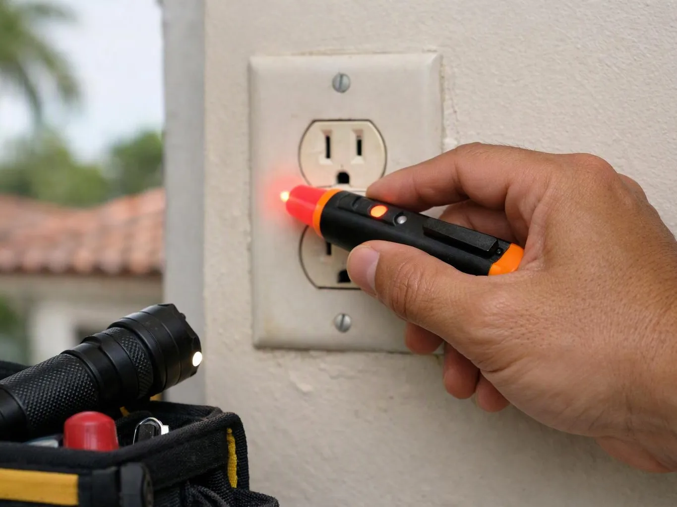 A hand tests a wall outlet with a glowing voltage pen beside a tool pouch and flashlight
