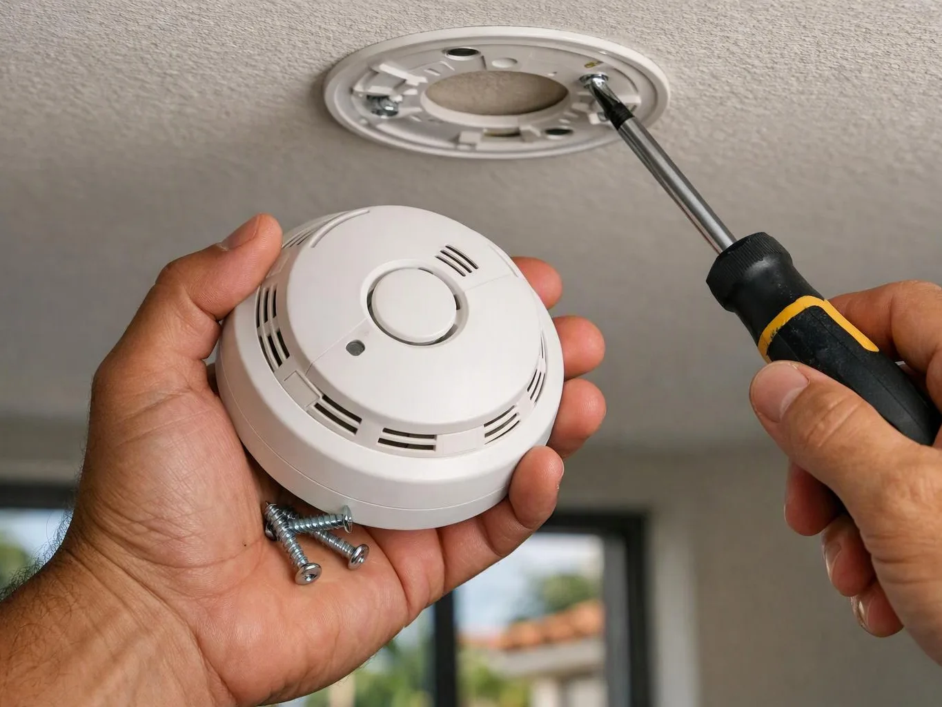 Hands hold a smoke detector, screws, and a screwdriver near a ceiling mounting bracket during installation