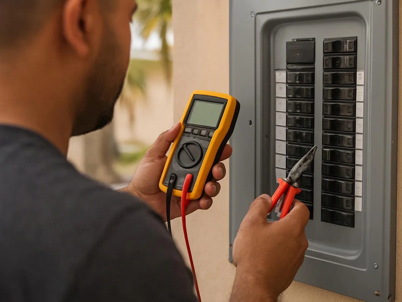 A man holds a multimeter and pliers beside an open electrical breaker panel