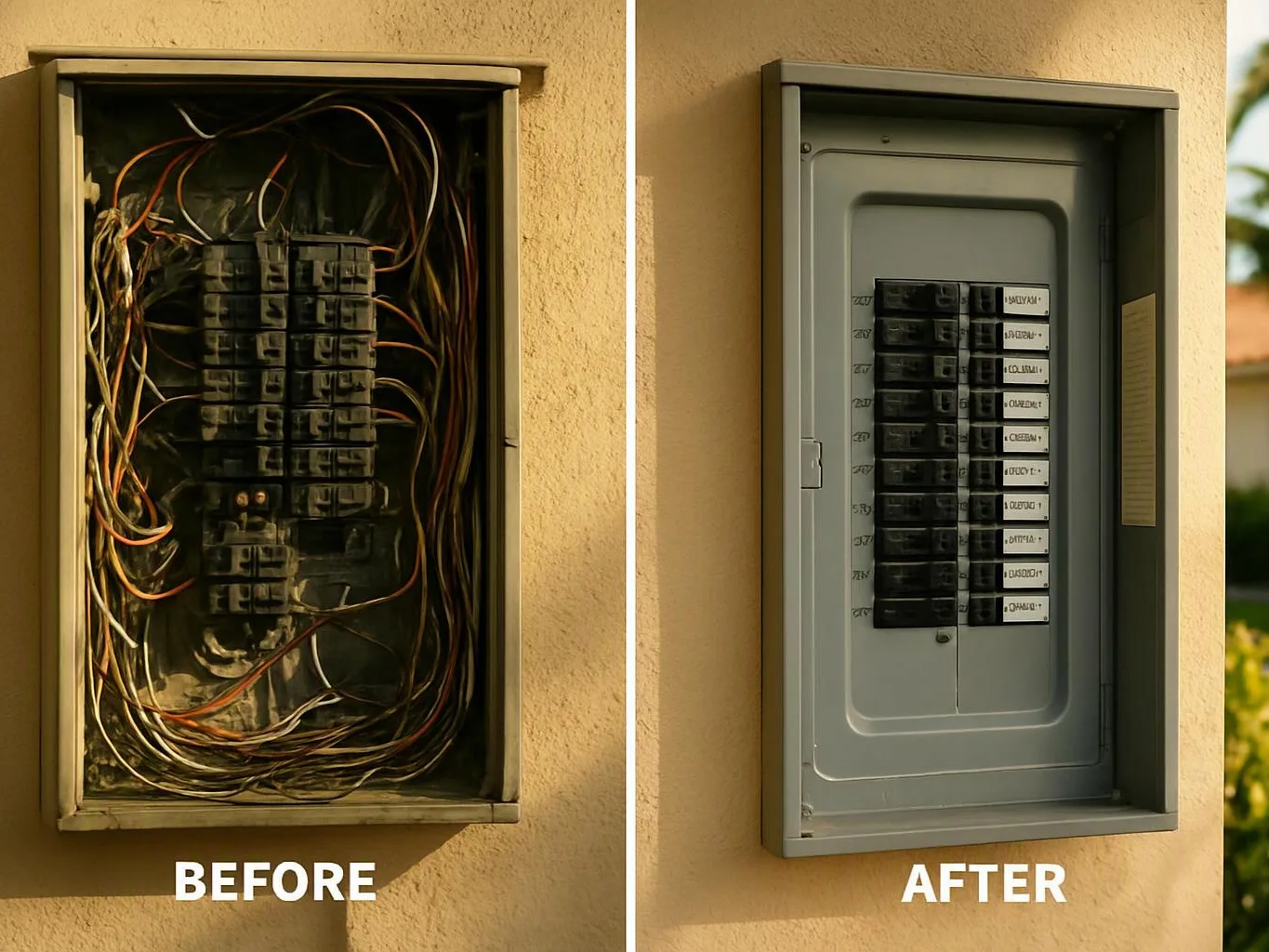 A split image shows a messy electrical breaker panel before, and a cleaned, covered panel after