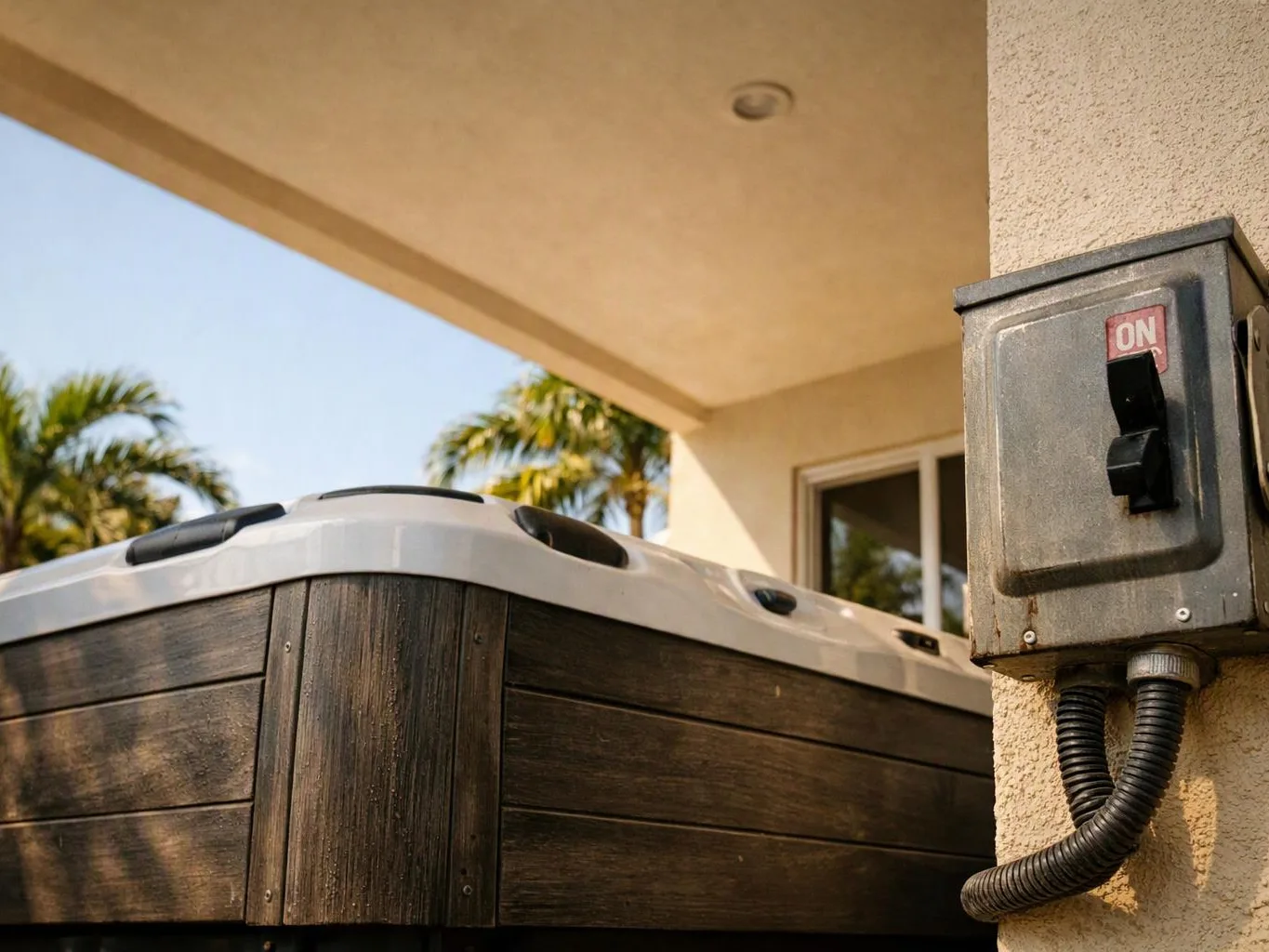 A hot tub sits under a patio beside an outdoor on switch box on a stucco wall