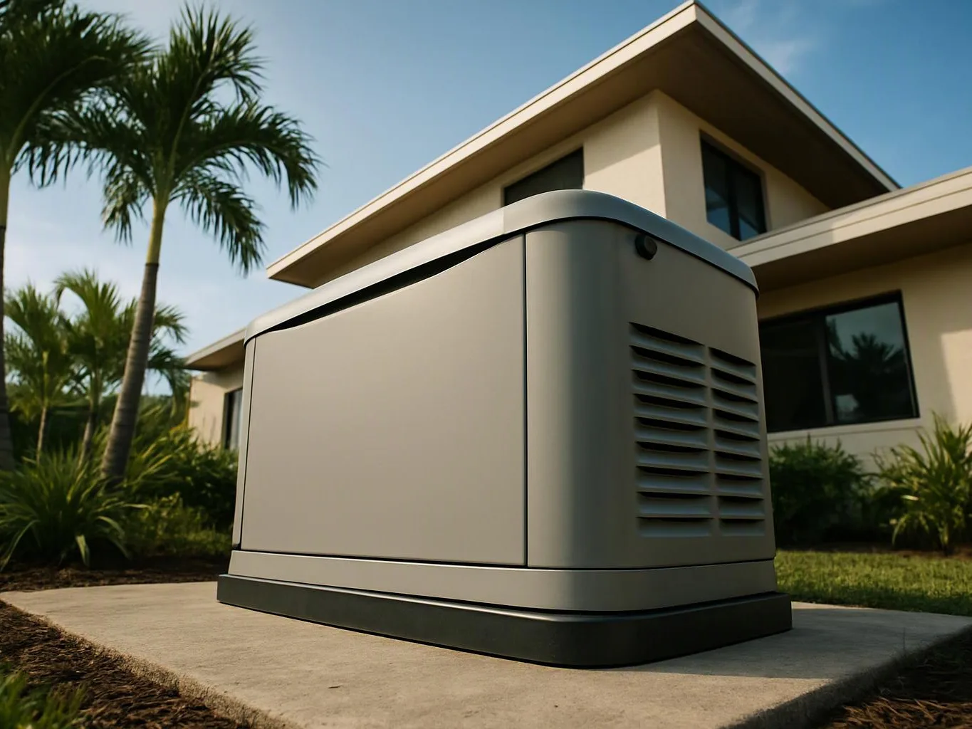 A large beige generator sits on a concrete pad in front of a modern house with palm trees