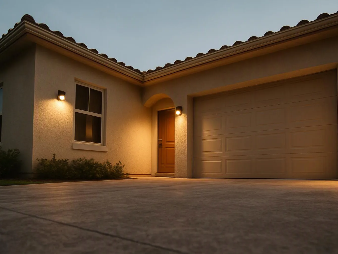 A lit suburban house exterior shows a closed garage, front door, window, and driveway at dusk