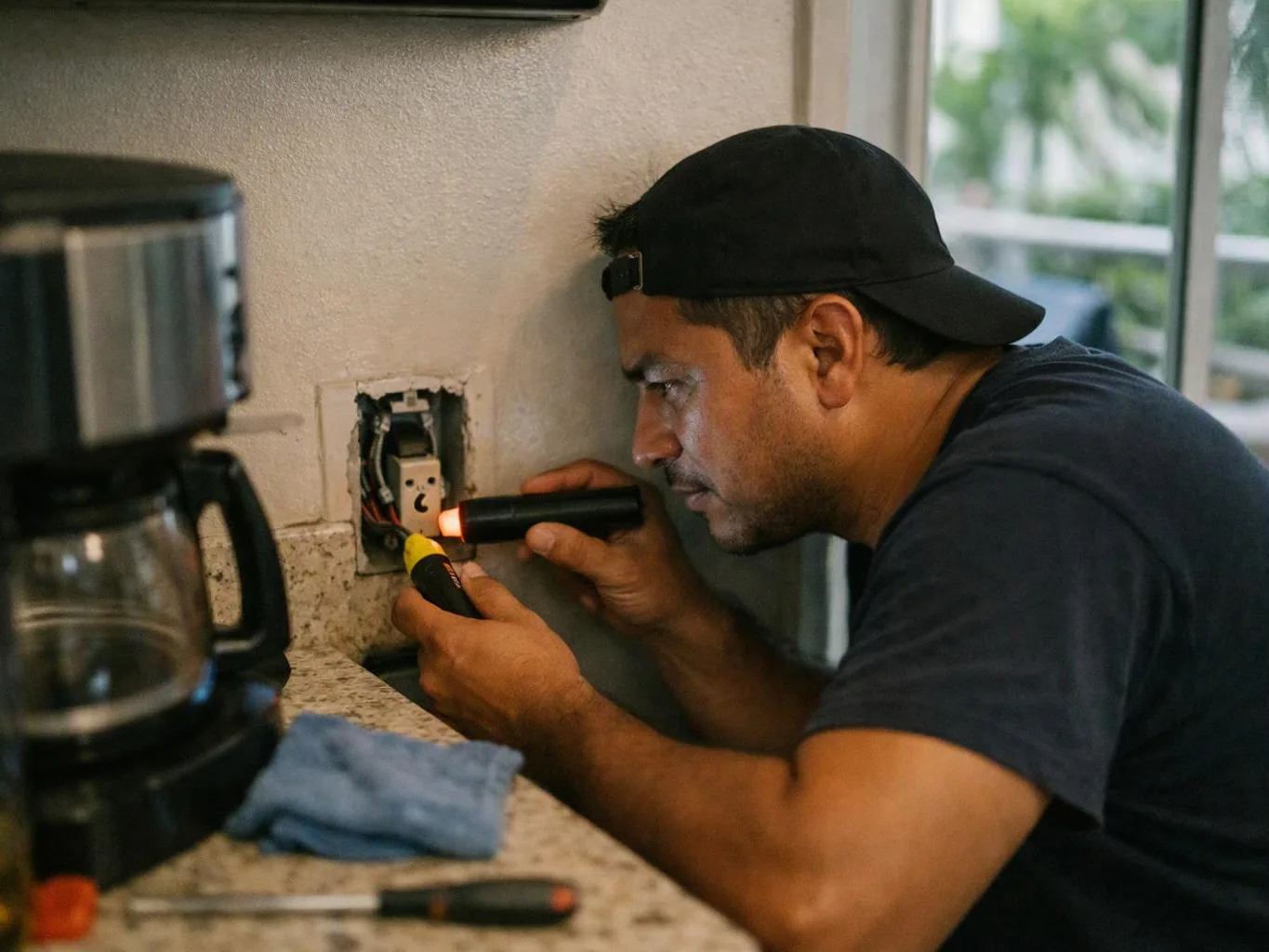 A man in a backward cap inspects an electrical outlet with a flashlight in a kitchen corner