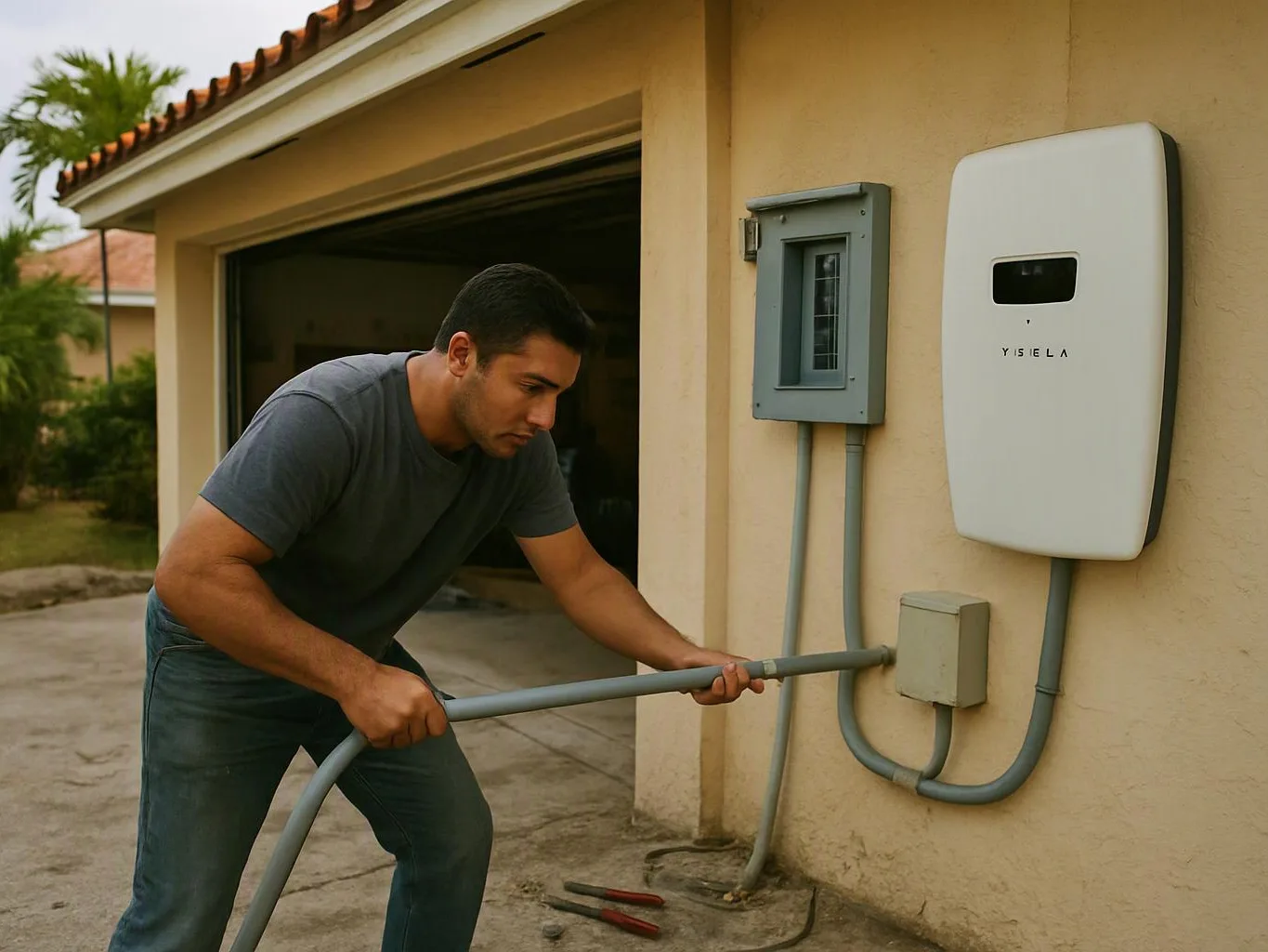 A man bends beside a garage wall, pulling a gray cable toward electrical boxes and a white wall unit