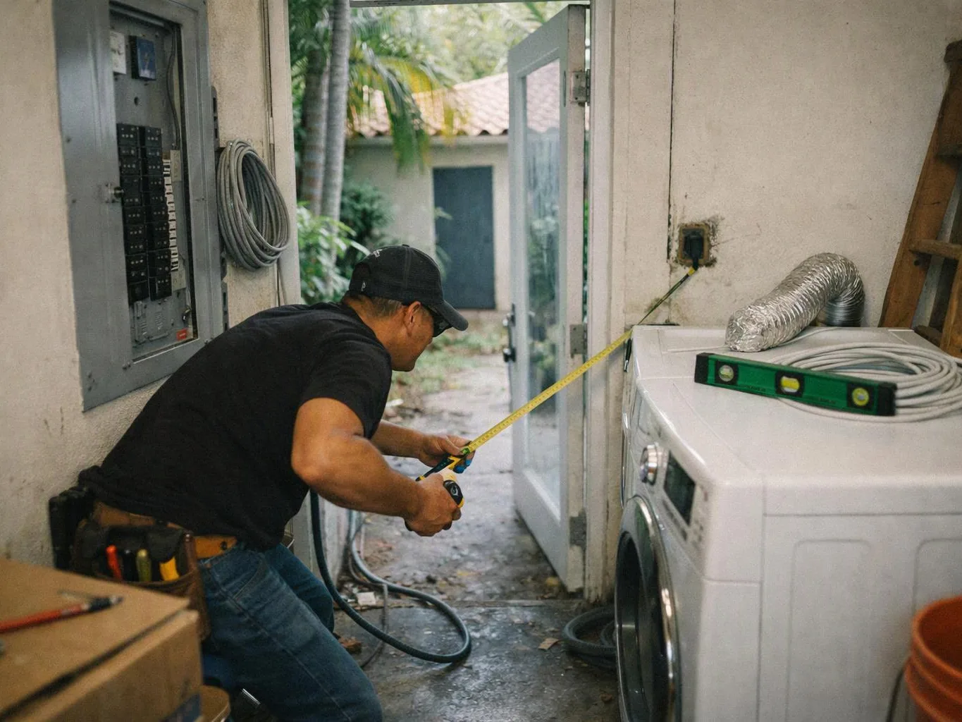 A man in a black cap measures a wall beside a washing machine in a utility room