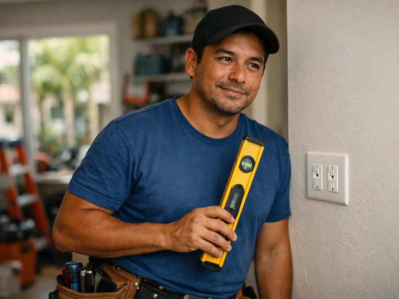 A man in a blue shirt holds a yellow level beside a wall outlet indoors