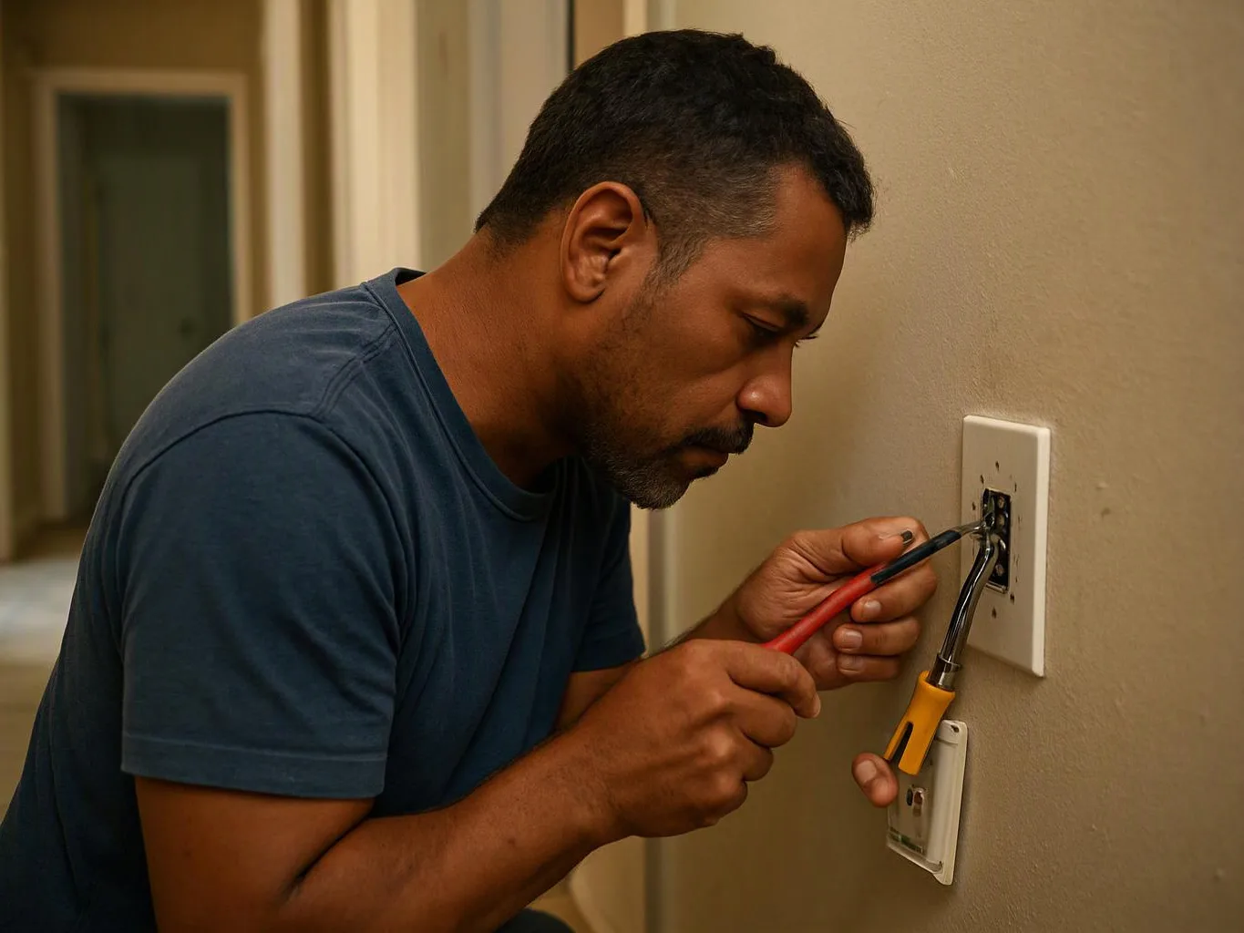 A man in a blue shirt works on a wall electrical outlet with pliers in a hallway