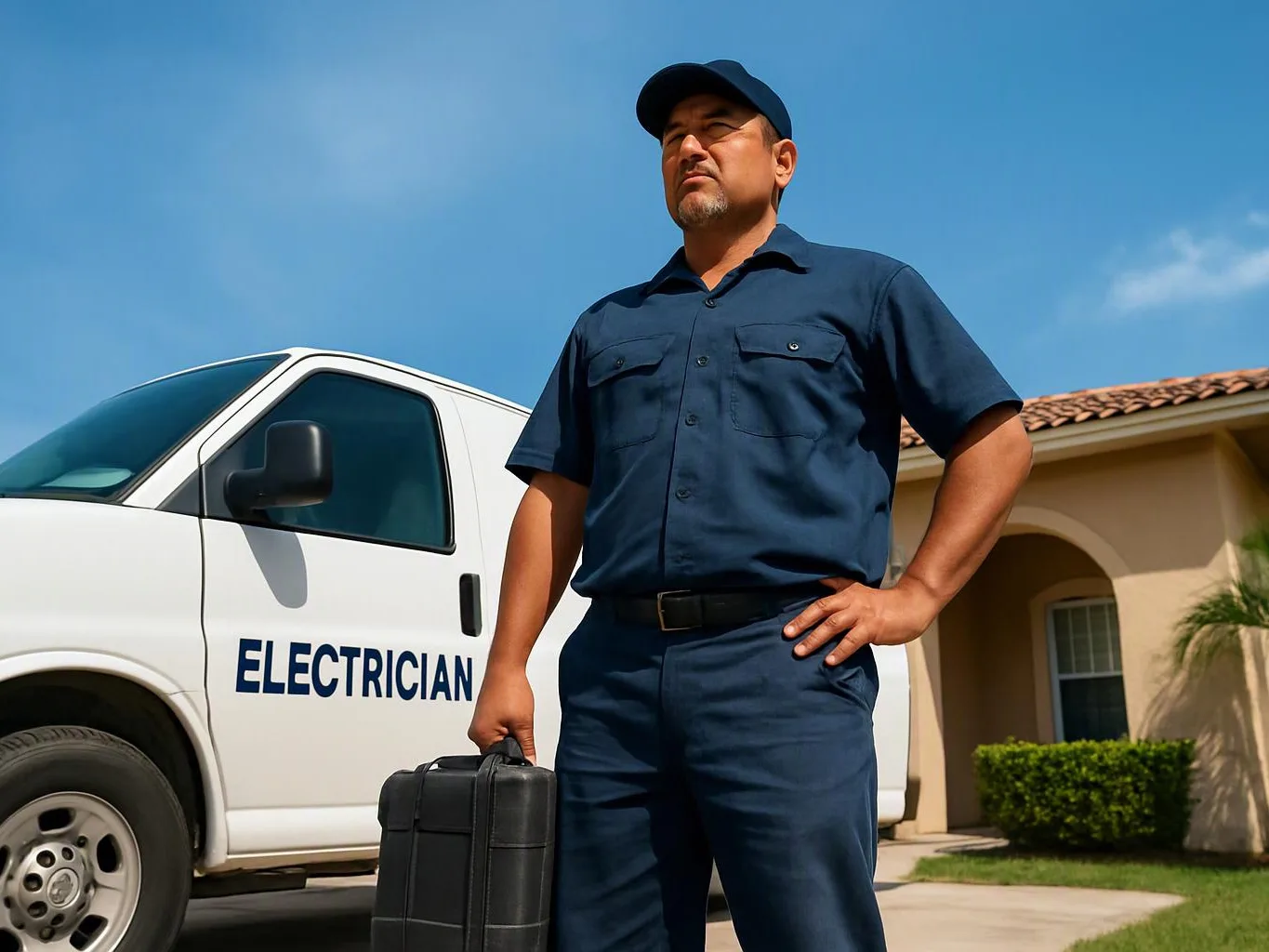 A man in a blue uniform stands beside a white electrician van outside a house, holding a black case