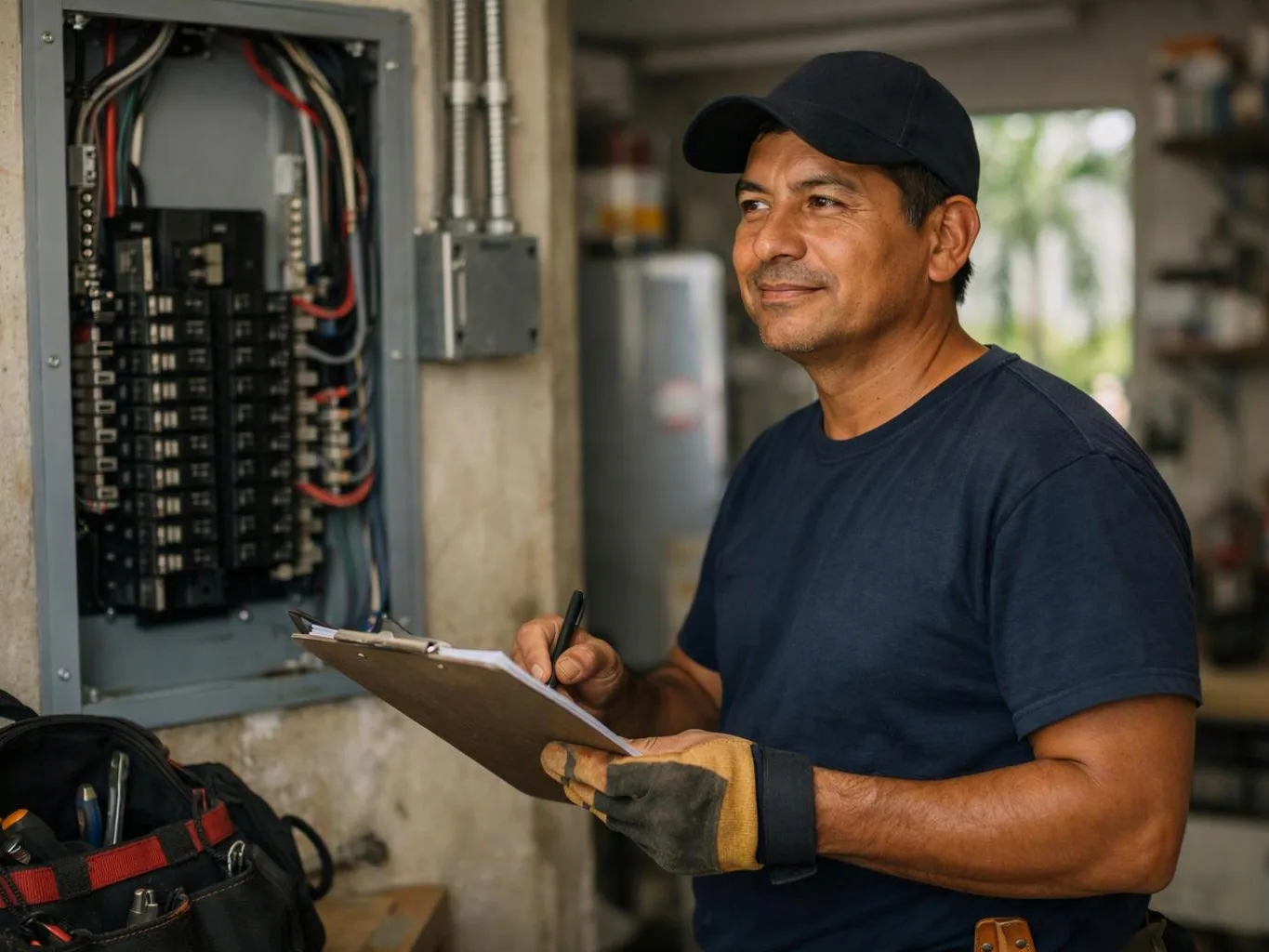 A man in a cap checks an open electrical panel while holding a clipboard in a garage workshop