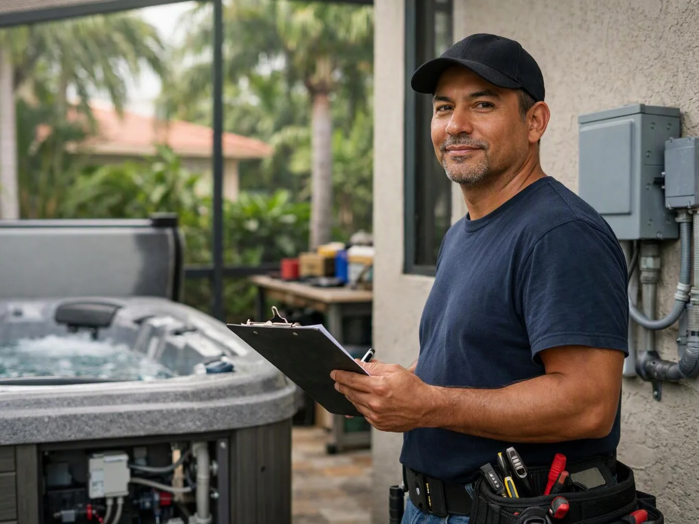 A man in a cap holds a clipboard beside an outdoor hot tub in a backyard