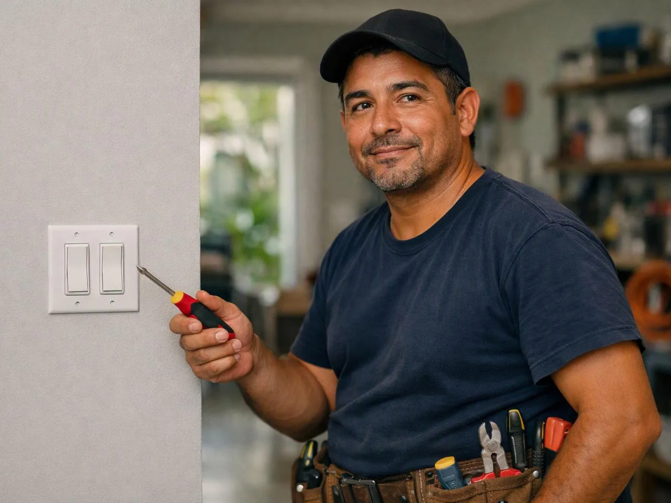 A man in a cap holds a screwdriver beside a wall light switch in a home interior