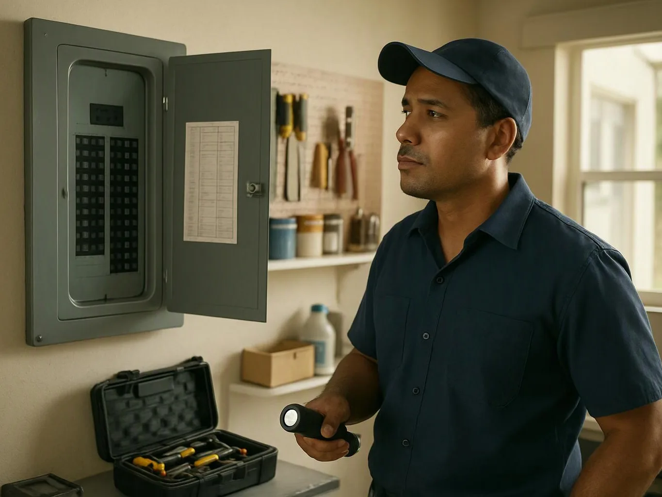 A man in a cap inspects an open electrical panel while holding a flashlight in a workshop room