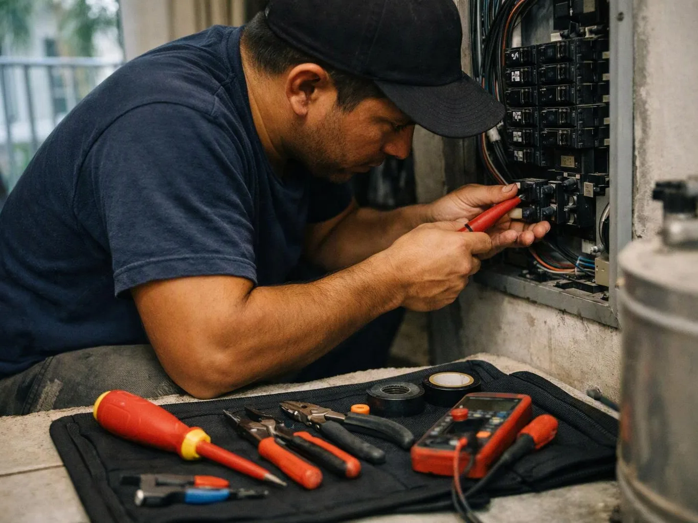 A man in a cap repairs an electrical panel with hand tools laid out beside him