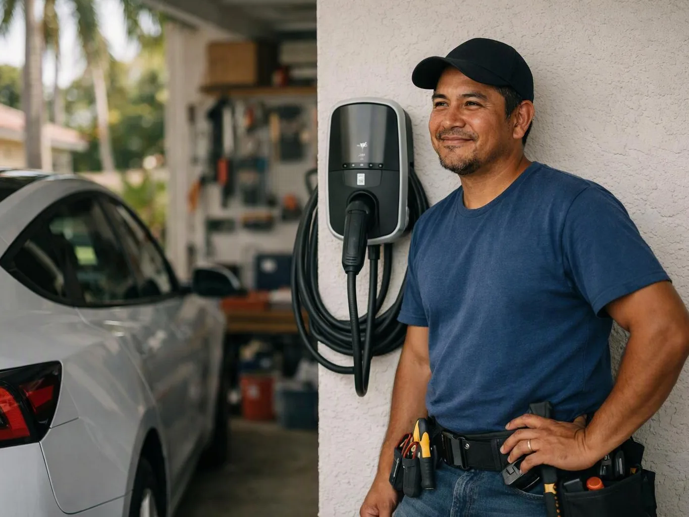 A man in a cap stands beside an electric car charger and a parked silver car in a garage