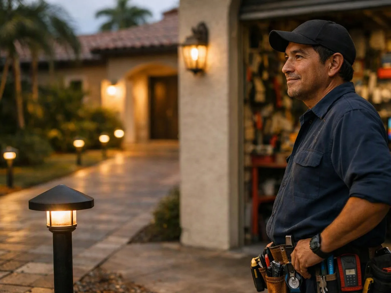 A man in a cap stands beside a lit walkway, wearing a tool belt outside a house at dusk