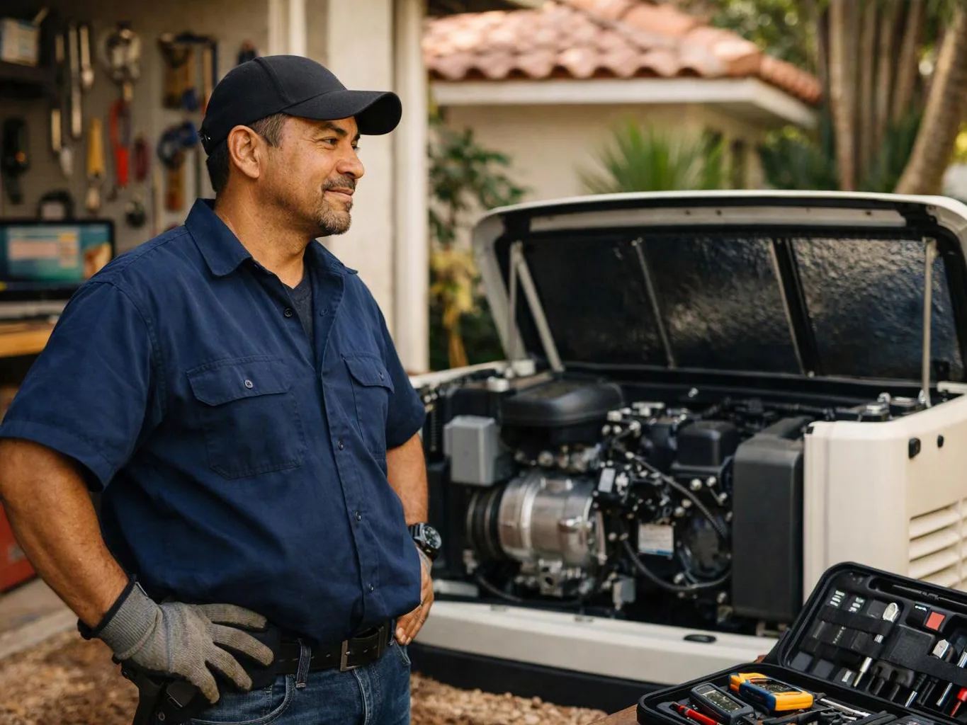 A man in a cap stands beside an open generator in a garage with tools and equipment visible
