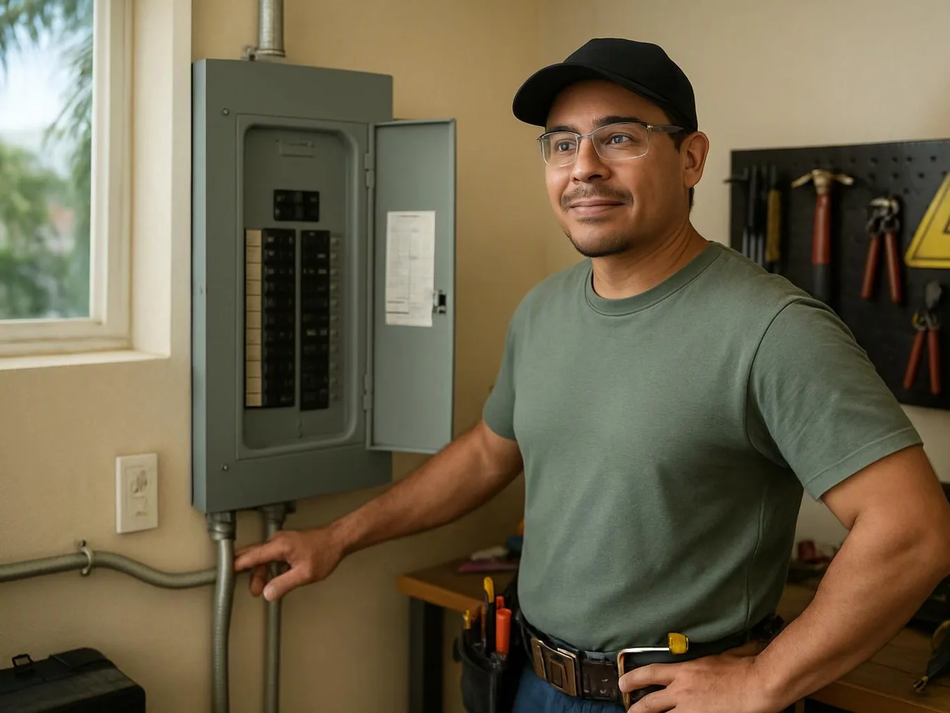 A man in a cap stands by an open electrical panel, pointing at conduit in a workshop-like room