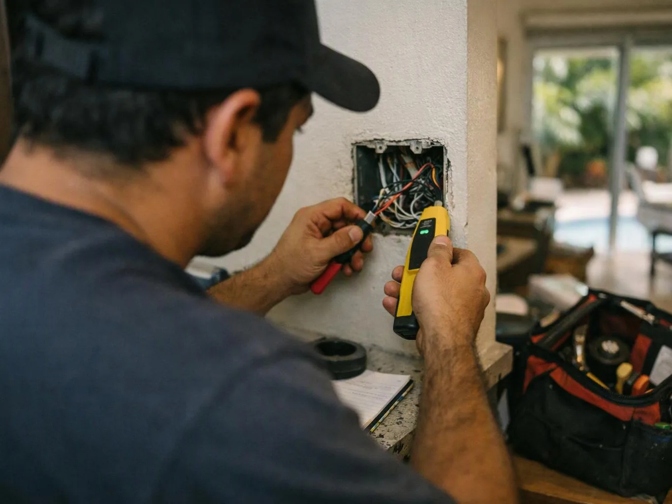 A man in a cap tests exposed wall wiring with a yellow electrical meter indoors