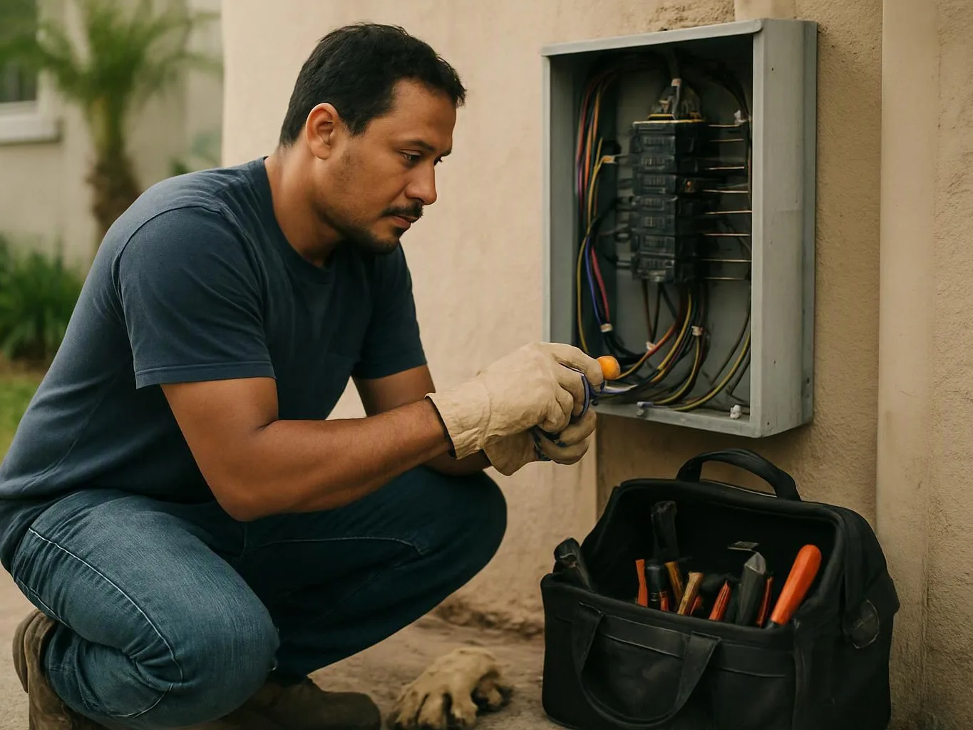 A man crouches outside, working with wires in an open electrical panel beside a tool bag