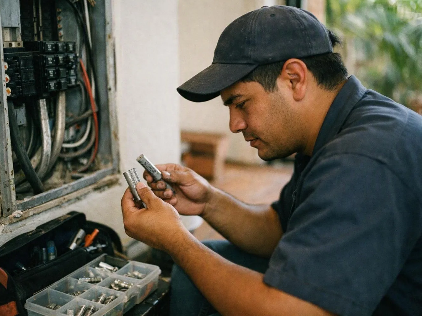 A man in a dark cap inspects metal parts beside an open electrical panel with tools and bins nearby