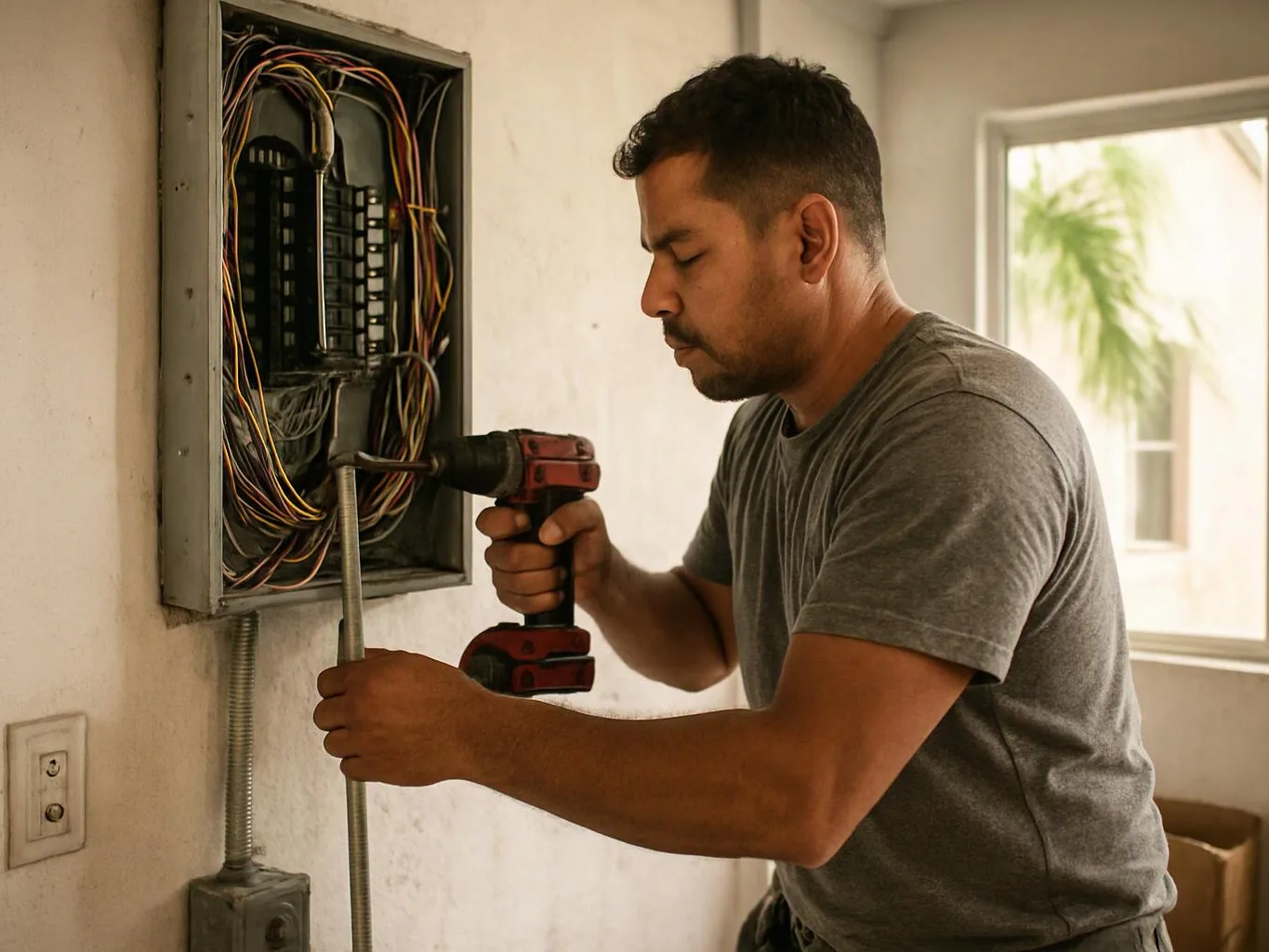 A man drills beside an open electrical panel inside a bright room
