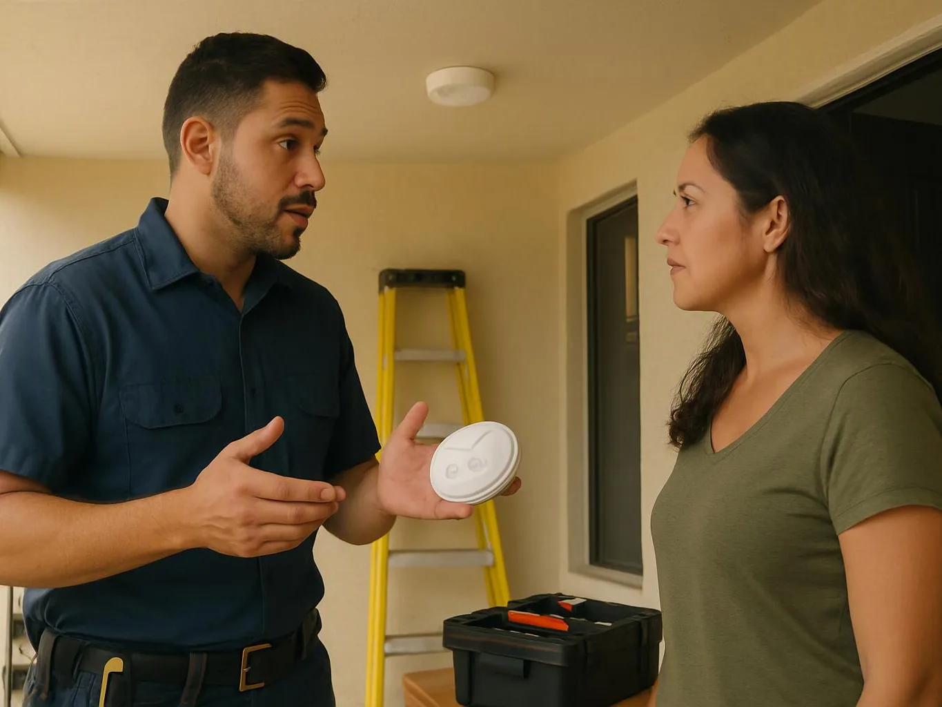 A man explains a round white device to a woman in a hallway with a ladder and toolbox nearby