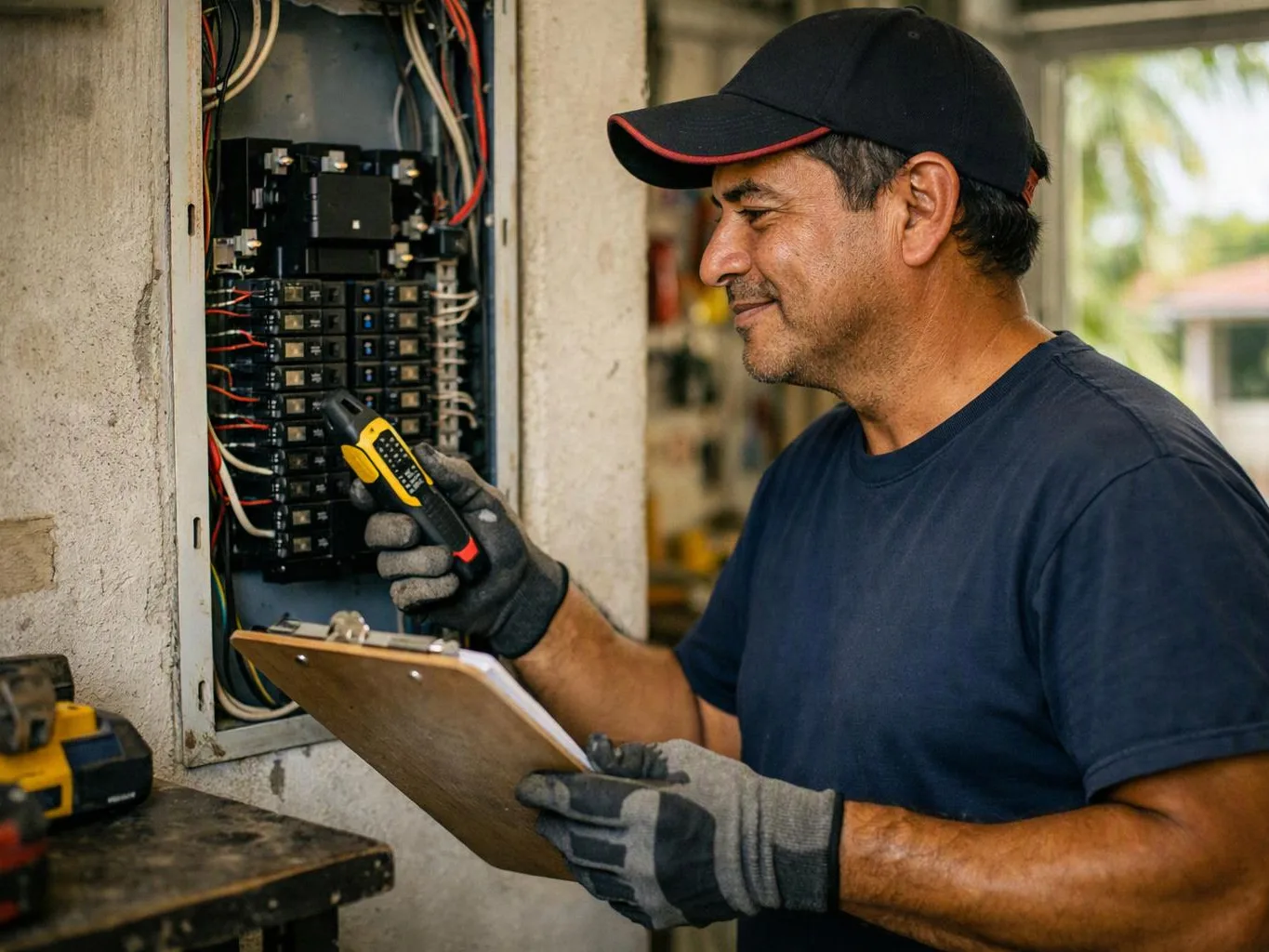 A man in gloves inspects an open electrical panel while holding a clipboard and tester indoors