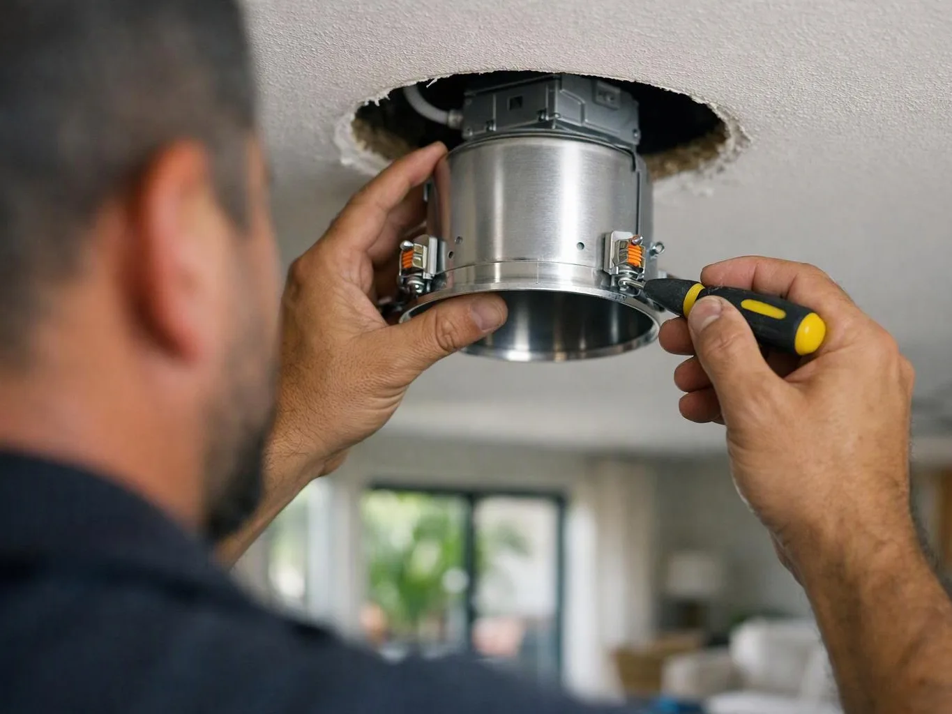 A man installs a recessed ceiling light with a screwdriver in a bright room