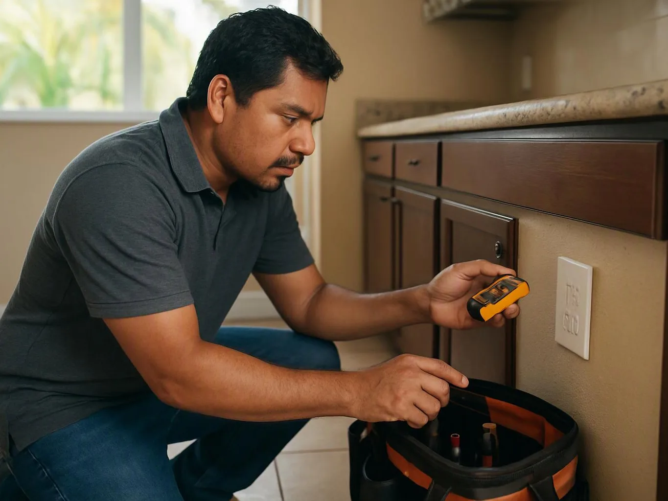 A man kneels beside kitchen cabinets, checking a wall socket with a handheld device and an open tool bag