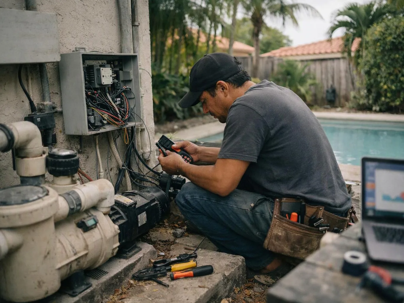 A man kneels beside a pool pump, checking an open electrical panel with tools scattered nearby