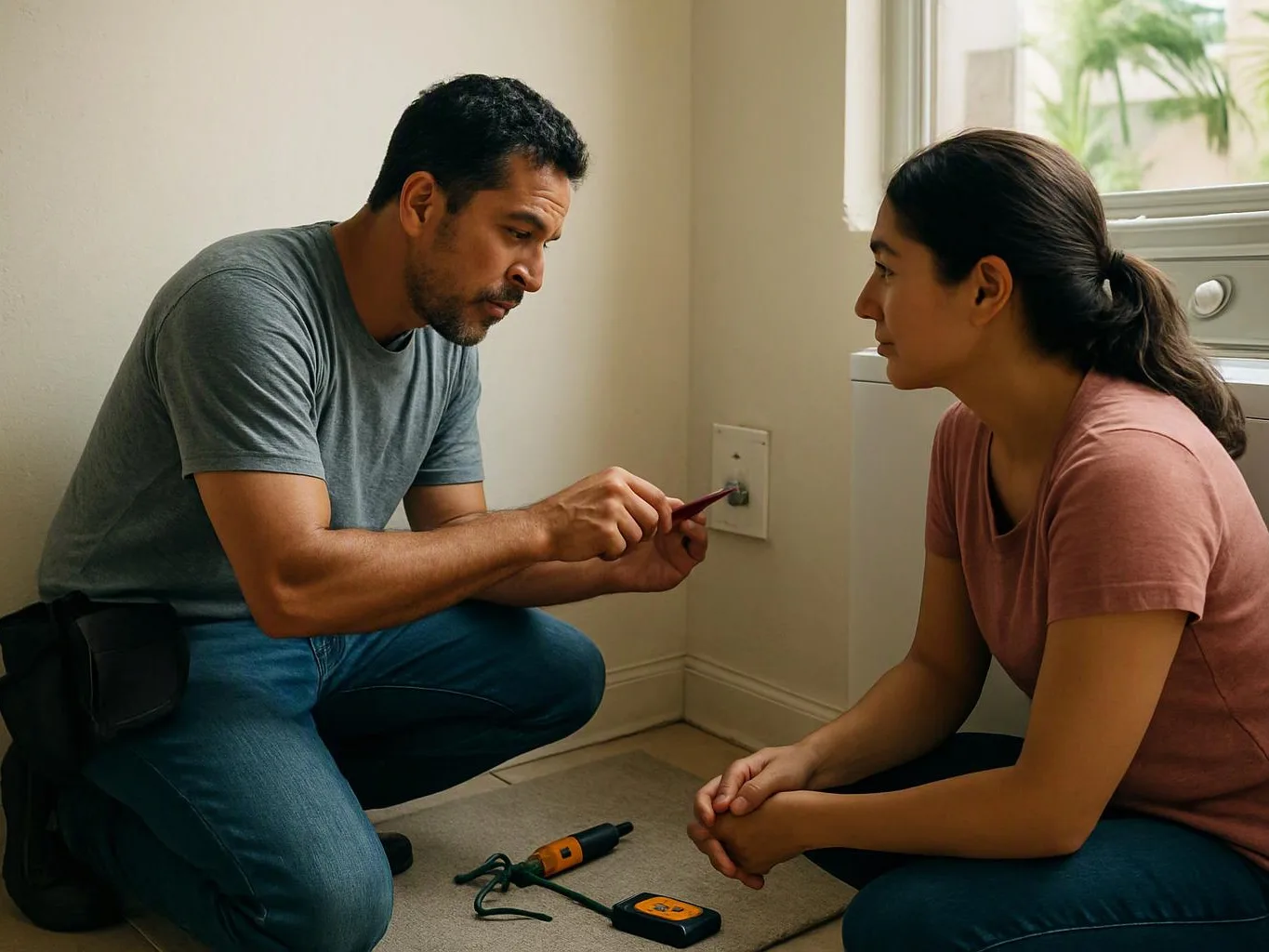 A man kneels beside a woman and points at a wall outlet in a bright room with tools on the floor