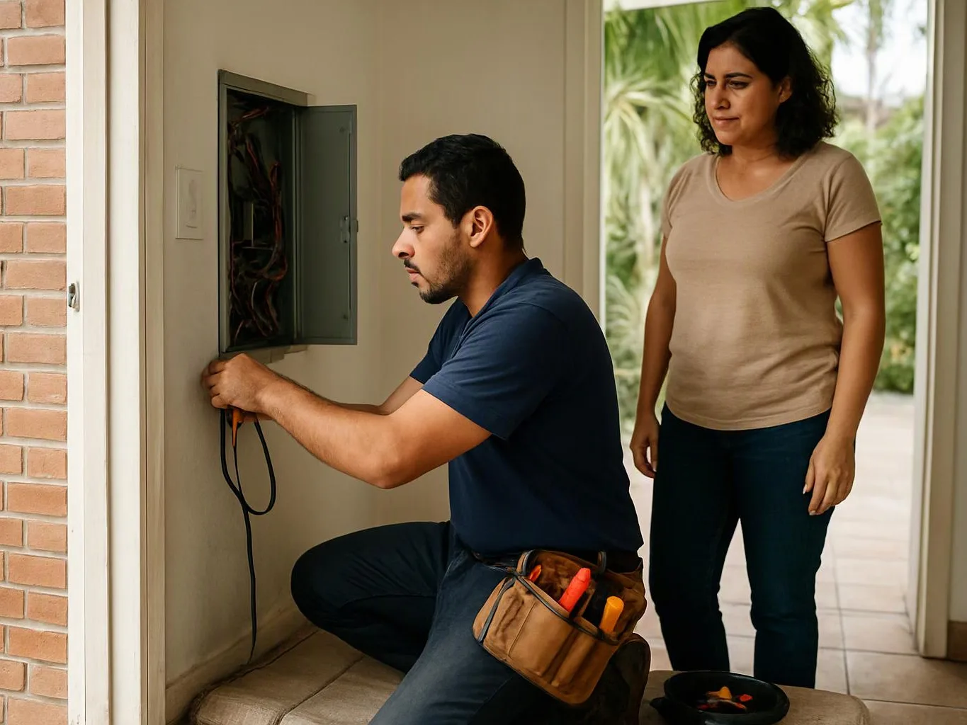 A man kneels by an open electrical panel while a woman stands watching in a bright doorway