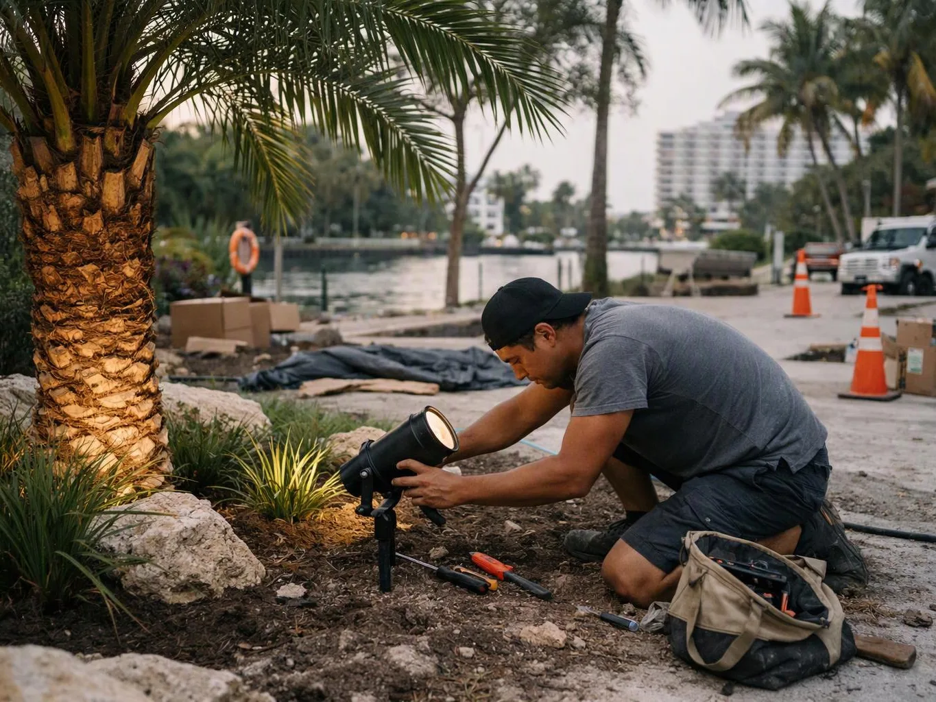 A man kneels by a palm tree, adjusting a garden spotlight beside tools on a waterfront path