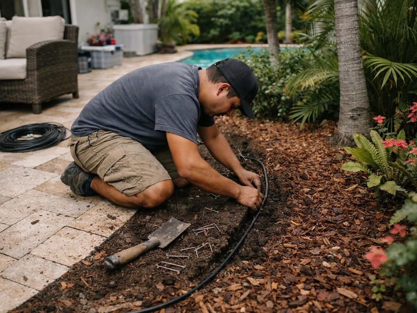 A man kneels by a poolside garden, attaching a black irrigation hose in the mulch