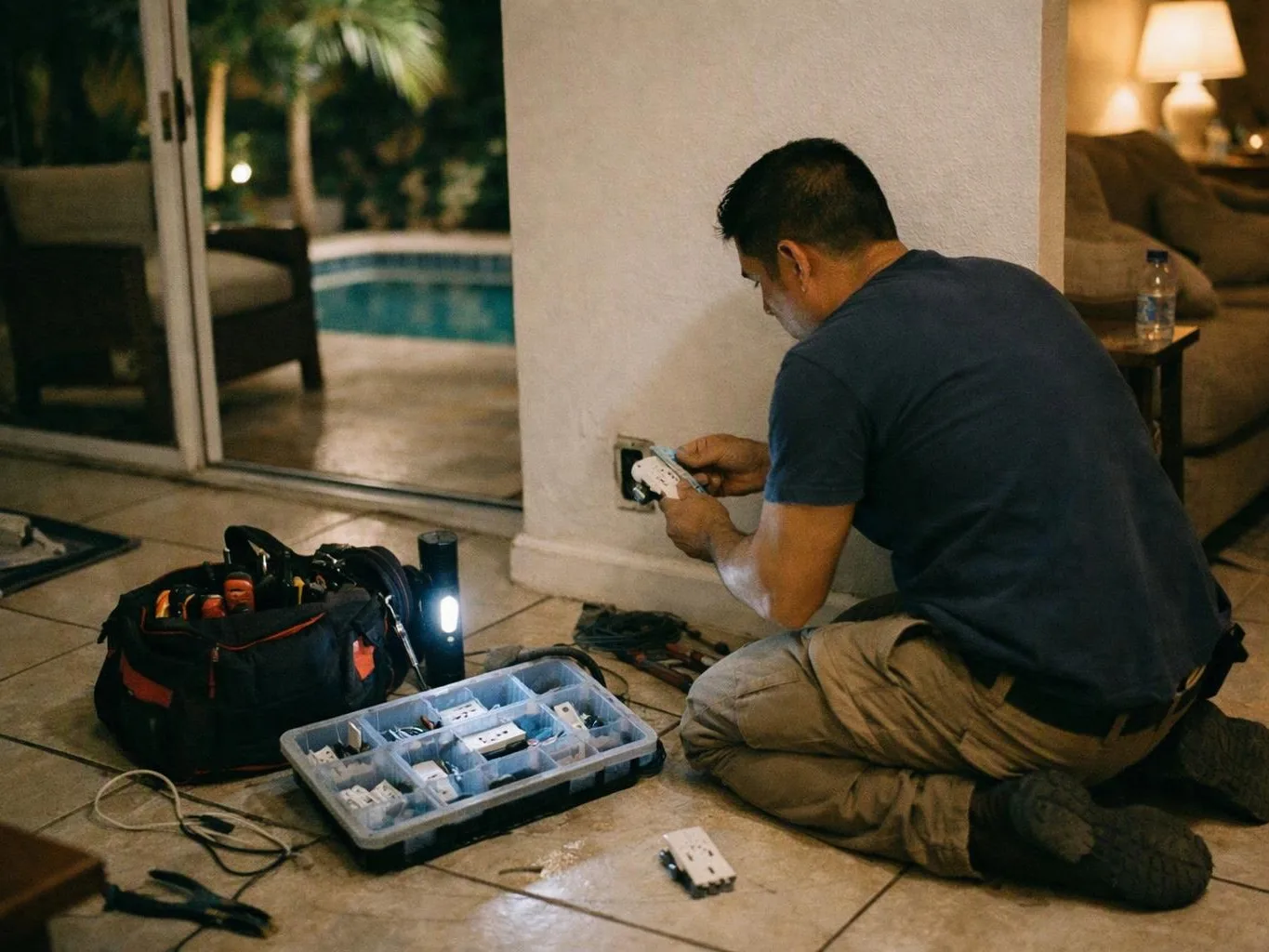 A man kneels on a tiled floor, wiring an outlet beside a wall with tools and parts spread around him