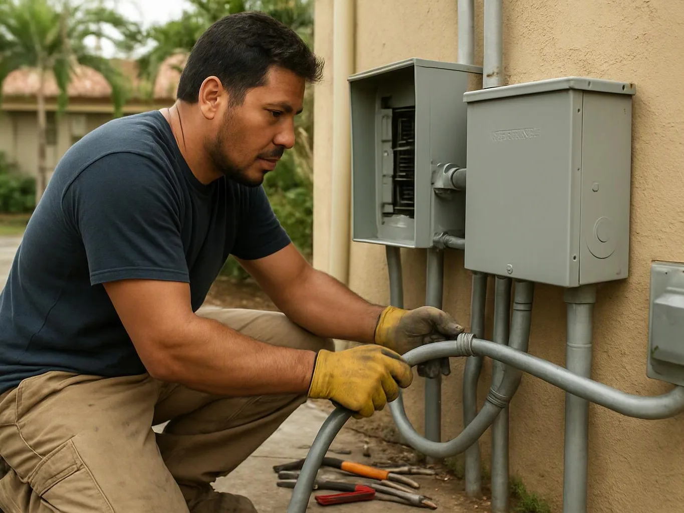A man kneels by a wall, handling a gray conduit beside open electrical boxes outdoors