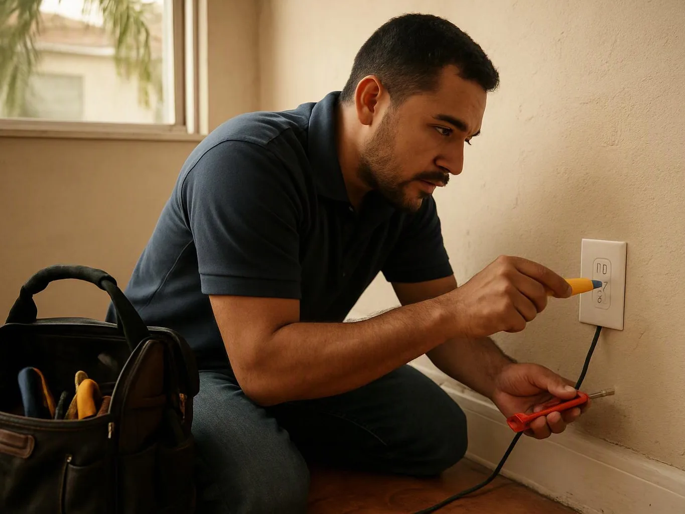 A man kneels by a wall outlet, testing it with a tool beside an open bag of hand tools