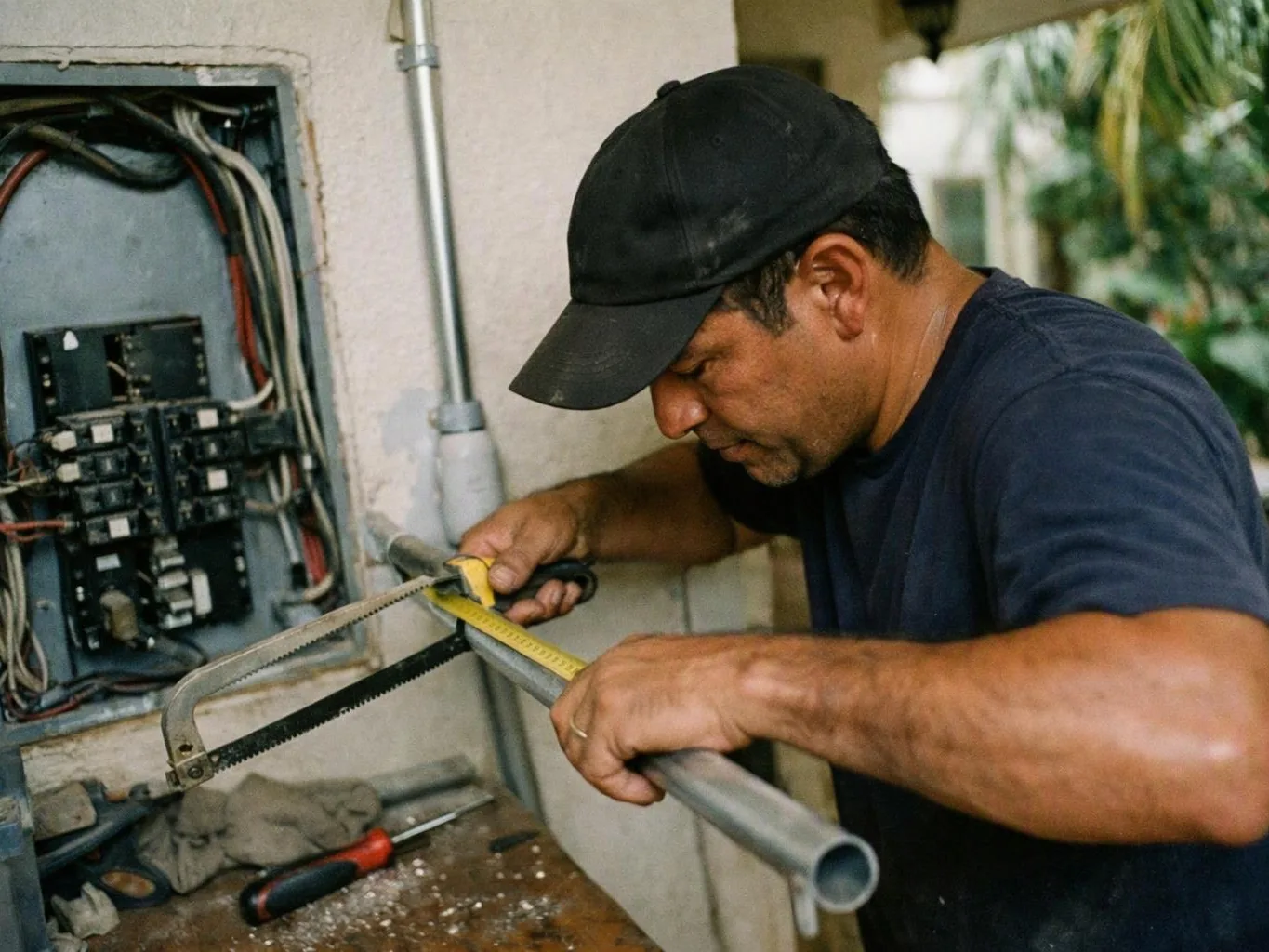 A man measures a metal pipe with a tape and hacksaw beside an open electrical panel in a workshop