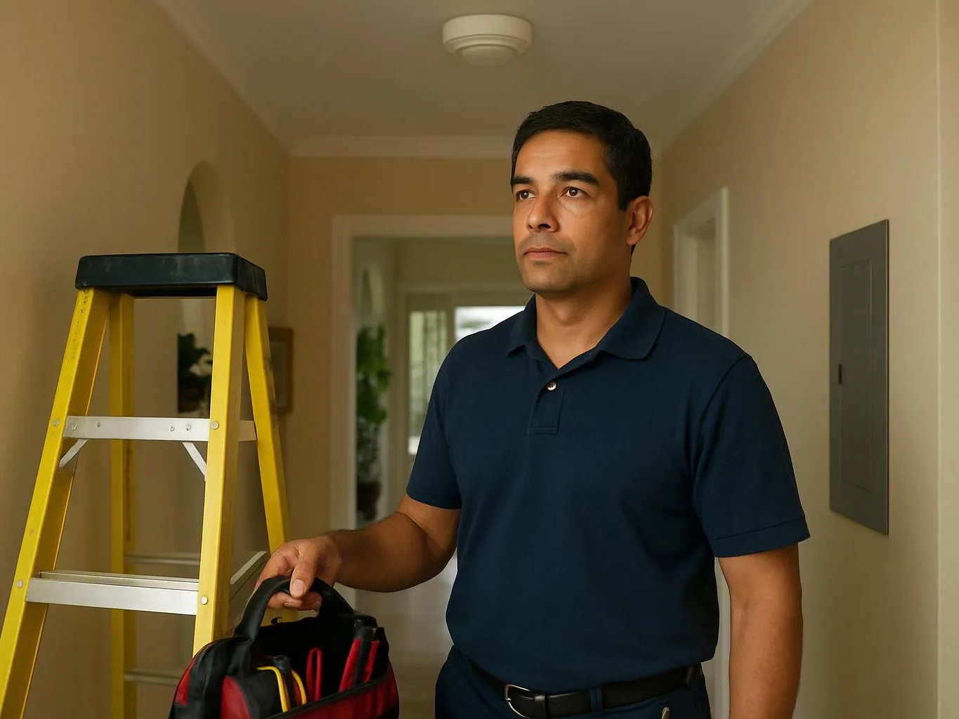 A man in a navy polo stands in a hallway beside a yellow ladder, holding a tool bag
