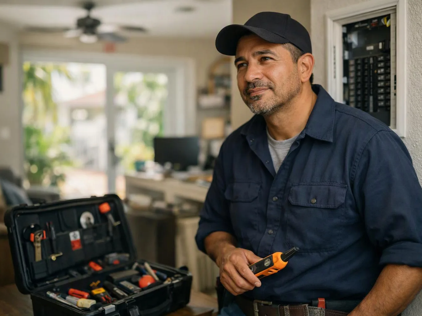 A man in a navy shirt and cap holds a tool beside an open toolbox in a bright home interior