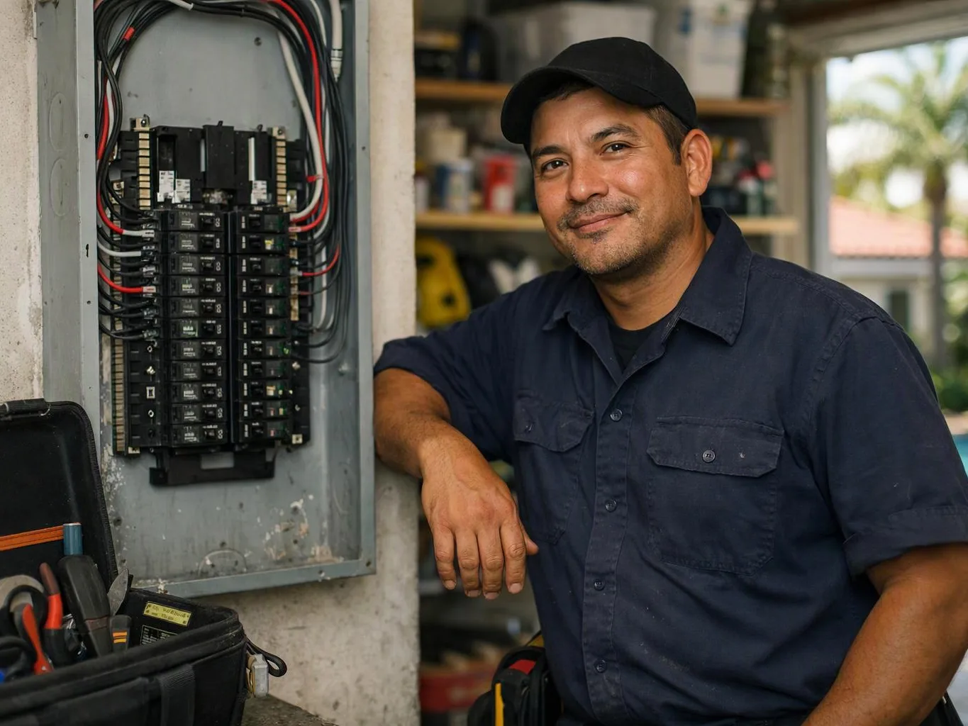 A man in a navy work shirt leans beside an open electrical breaker panel in a workshop
