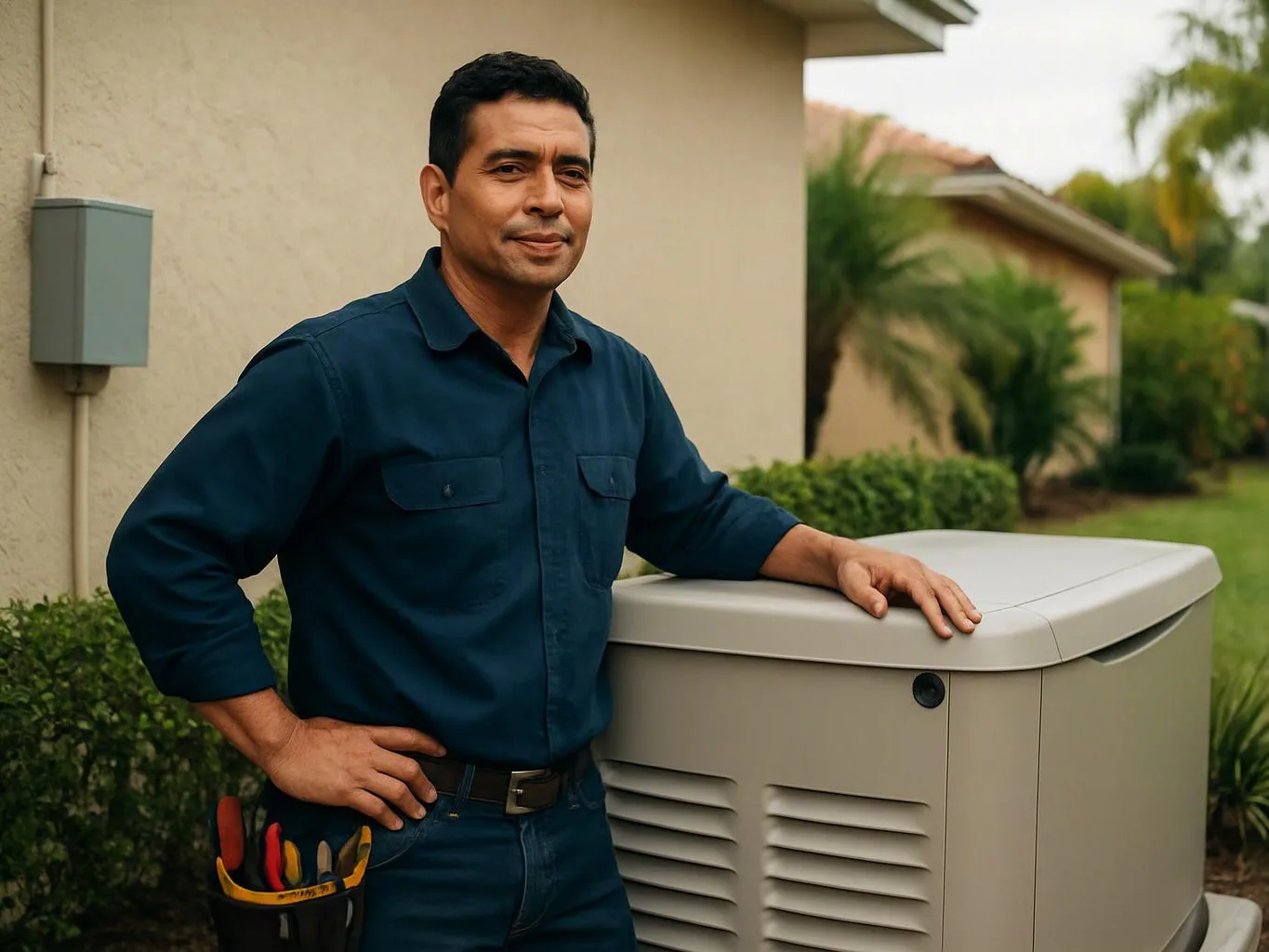 A man in a navy work shirt stands beside a large outdoor generator near a house