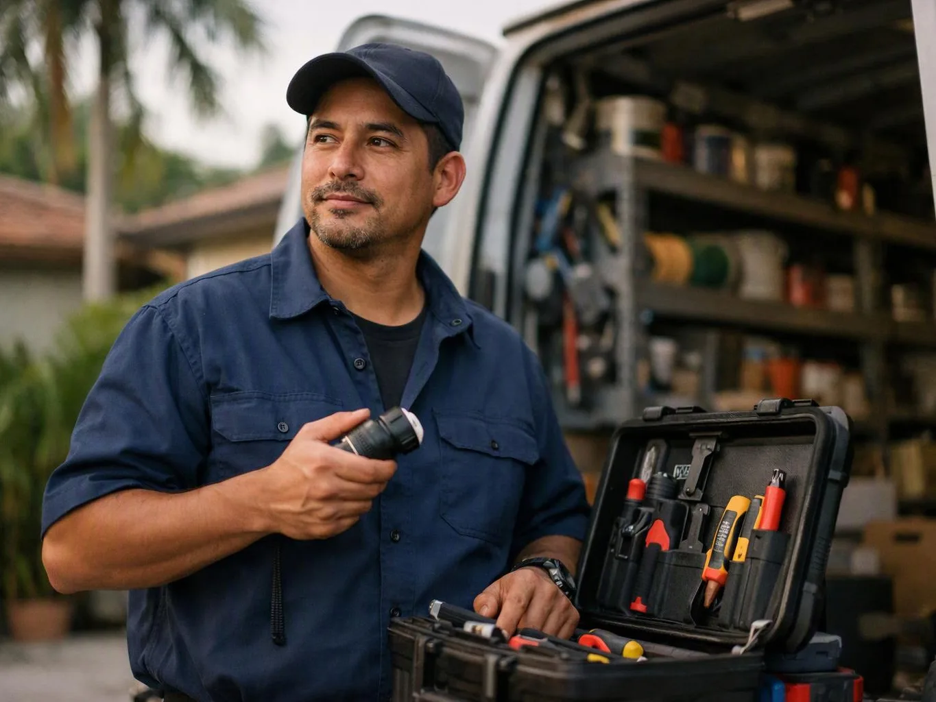 A man in a navy work uniform stands by an open tool case, holding a flashlight outdoors