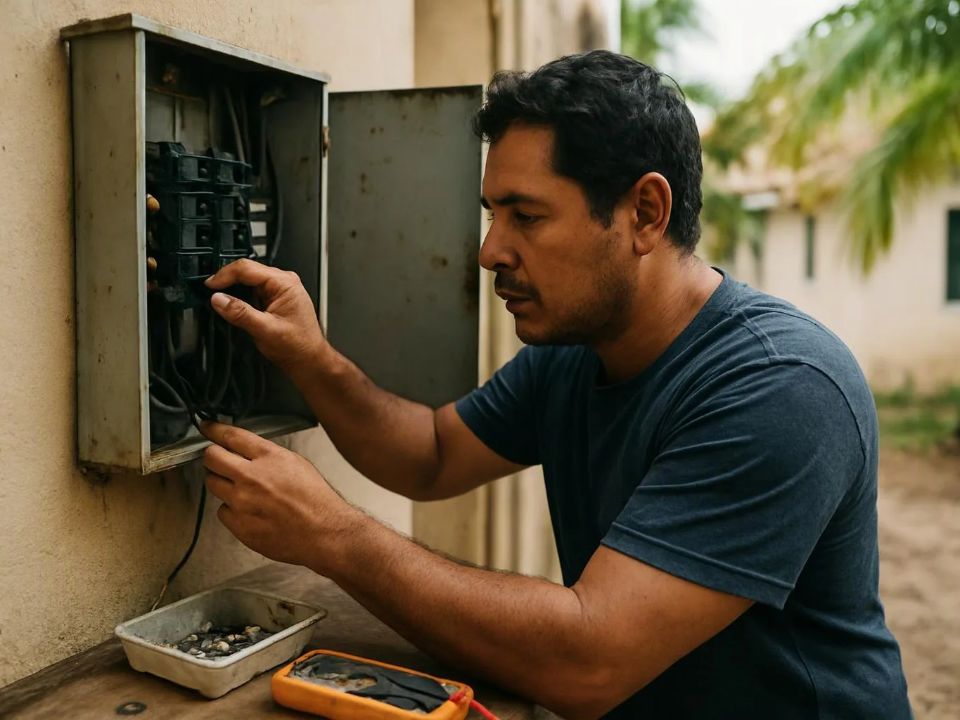 A man repairs an open electrical box on an outdoor wall beside a tray of tools and wires